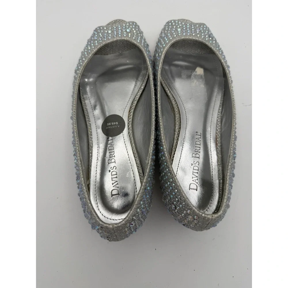 David's Bridal AJUSTIN10 Women's 6 Silver Rhinestone Peep Toe Flats.      1795